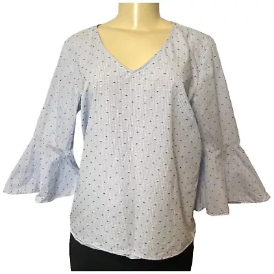 $12.50 • Buy ANTHROPOLOGIE Jane & Delancey Sz M Top Blue Gingham Check Bell Sleeve V-Neck