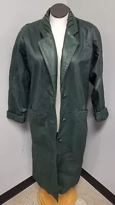 Vintage 90s Jacqueline Ferrar Dark Green Leather Trench Coat Women's Sz L • $35