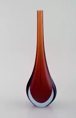 Murano Vase In Reddish And Clear Mouth Blown Art Glass. Italian Design 1960/70s • $500