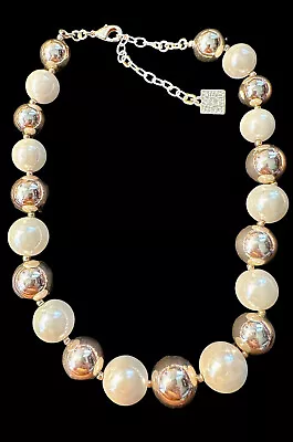 Vtg Anne Klein Chunky Faux Pearl & Gold Tone Beaded Statement Necklace Lion Tag • $28