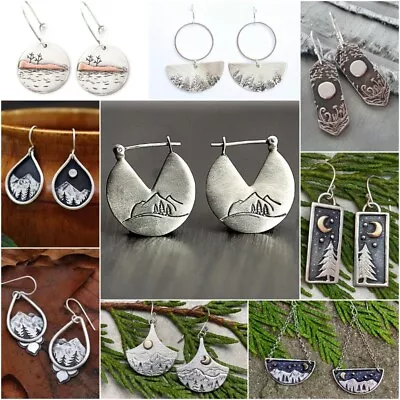 925 Silver Vintage Carve Silent Forest Moon Earrings Women Drop Wedding Jewelry • $2.65