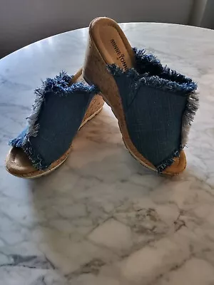 Minnetonka Womens York 73301 Peep Toe Slide On Wedge Sandals Shoes Denim Fringe • $10