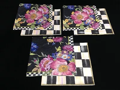 6 MacKenzie Childs Black Flower Market & Courtly Check Napkins Decoupage • $6