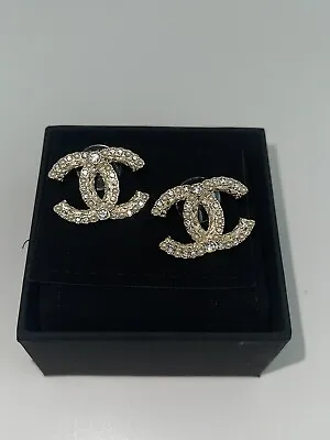 CHANEL Authentic Crystal & Pearl Classic CC Logo Earrings Gold Tone With Box • $455