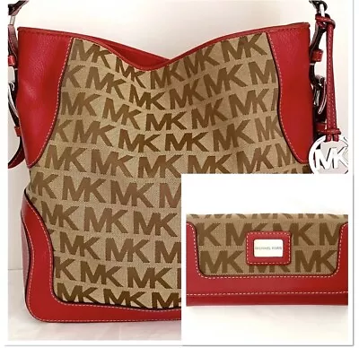 MICHAEL KORS Red/Beige Brookville Handbag & Wallet +Pompom Key Chain Set $476.00 • $218