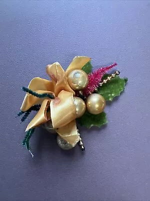 Vintage Christmas Corsage Pick GOLD Holly Leaves Mercury Glass Balls • $14.99