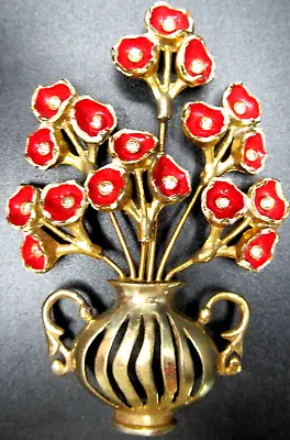 REINAD Unsigned Red Enamel Rhinestone Flower Vase Vintage Pin Brooch • $199.99
