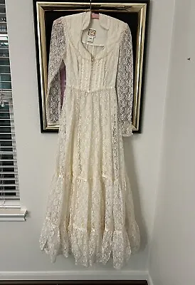 Vintage 70s Gunne Sax Lace Wedding Dress Boho Jessica McClintock Size 7 Prairie • $299.95