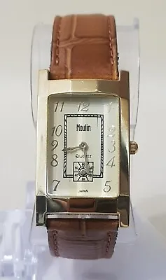 Vintage MOULIN Watch Cream Dial Brown Leather Band Tank Watch...NEW BATTERY  • $38