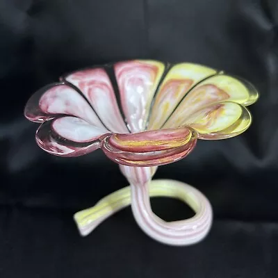 Vintage Nouveau Hand Blown Pink Yellow & White Art Glass Vase • $25