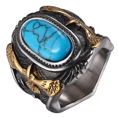 Vintage Men's Large Eagle Turquoise Stone Navy Biker Ring Signet Band Size 8-14 • $14.99