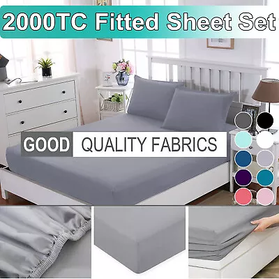 2000TC Hotel Bed Fitted Sheet Set With Pillowcases Soft Single Double Queen King • $19.19