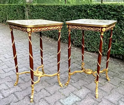 Majestic Pair: Louis XVI Mahogany Side Tables Bronze Accents Marble Tops • $3400