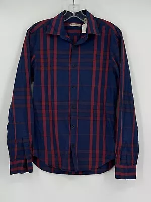 Burberry Brit Mens Blue Burgundy Plaid Collared Long Sleeve Button Up Shirt Sz S • $65