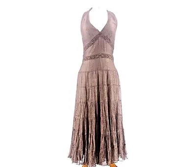 Cache Halter Maxi Party Dress Gown Size 2 Metallic Brown Beaded Open Back NEW • $135