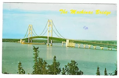 Vintage Michigan Chrome Postcard Mackinac Bridge Joining Peninsulas • $0.99