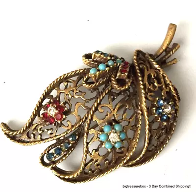 Vintage Brooch Pin SIGNED BSK Flower Rhinestone Gold Tone Jewelry Lot Y • $1.99