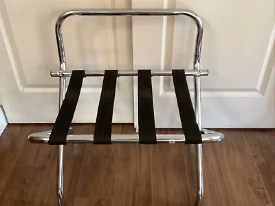 Excell Folding Luggage Rack Suitcase Stand Hotel Valet W/ Backrest Chrome Metal • $34.99