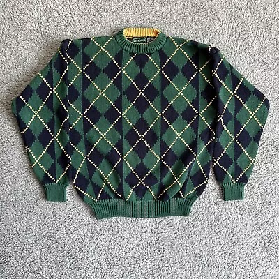 Vintage Campus Sweater Mens Large Argyle Knit Ramie Long Sleeve • $30.97