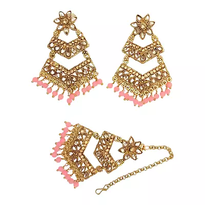 New Bridal Maang Tikka Earrings Set Pearl Kundan Gold Tone Pink Indian Jewelry • $12.38