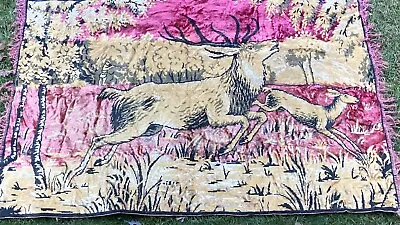 Antique Victorian Deer Elk Large Tapestry Fringed Wall Hanging Hunting 46x68  • $69.95