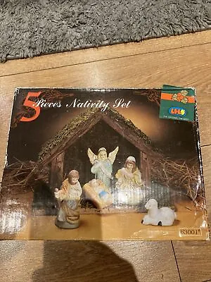 Vintage 5 Piece Ceramic Christmas Nativity Set & Wood Stable Boxed • £25