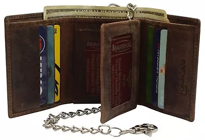 RFID Blocking Mens Chain Biker Vintage Genuine Leather Classic Trifold Wallet • $22.99