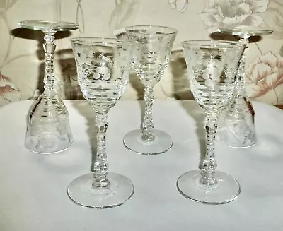 Vintage Lot Five (5) Etched Crystal Floral Wine Cordial Stemware - Measure 6.75” • $39.50