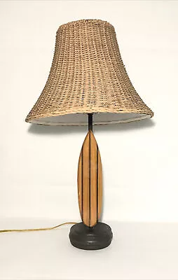 Vintage Wood Surfboard Lamp- 26” W/ Wicker Shade- Tiki/Hawaiian Classic Surfing • $110