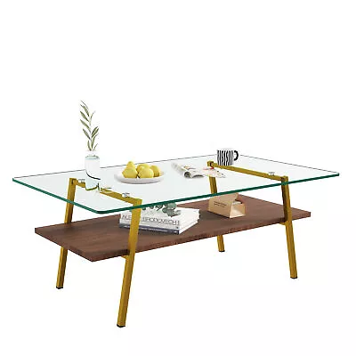 Modern Coffee Table Tempered Glass Top Gold Metal Leg Transparent Living Room • $125.23