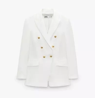 New Zara Double Breasted White Blazer Gold Buttons Women's XL • $80