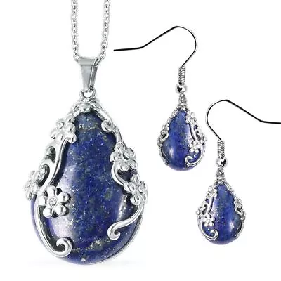 Blue Lapis Lazuli Jewelry Set White Crystal Flower Earrings Pendant Necklace 20  • $18.49