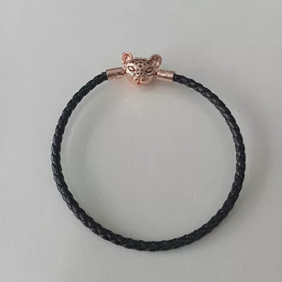  Pandora Sparkling Lion Princess Woven Black Leather Bracelet S925 ALE • £27