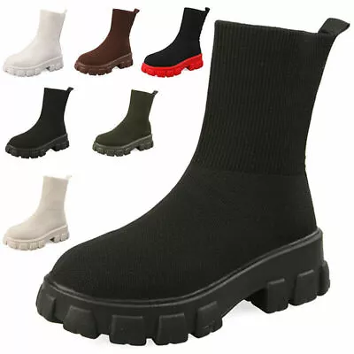 £26.39 • Buy Ladies Womens Flat Chunky Platform Sole Chelsea Slip On Sock Ankle Boots Shoes