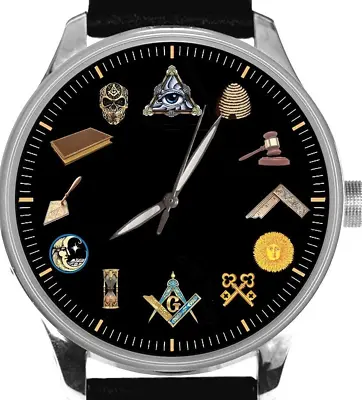 IMPORTANT SOLID BRASS VINTAGE FREEMASONRY SYMBOLS METAL DIAL MASONIC 40 Mm WATCH • $125.62