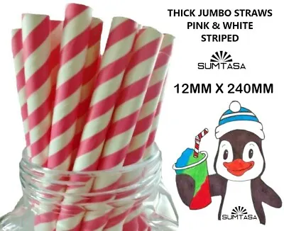 100 JUMBO 12mm Pink White Stripe Paper Straws Biodegradable Smoothie Milkshake • £10.95
