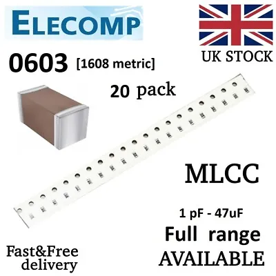 0603 Capacitors Range 1pF - 10uF NPOX7R 20pcs Pack Free P&P Starter KIT 180/360 • £12.99