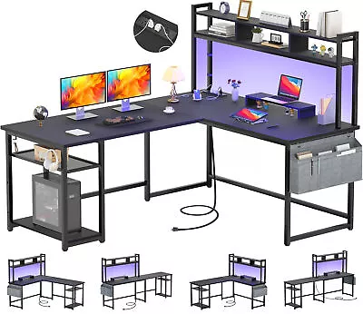 L Shaped Gaming Desk With LED Lights &Power Outlets Home Office Desk With Shelf • $199.99
