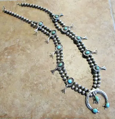 26  JOYFUL !!  Vintage Navajo Sterling Silver Turquoise SQUASH BLOSSOM Necklace • $649
