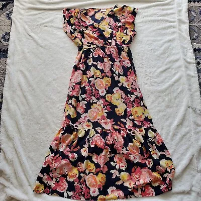 Isabel Maternity Navy Floral Yellow Pink Maxi Dress V Neck Womens Size Large • $21