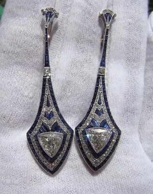 Art Deco Vintage Style Trillion Lab Created & Sapphire Wedding Silver Earrings • $99