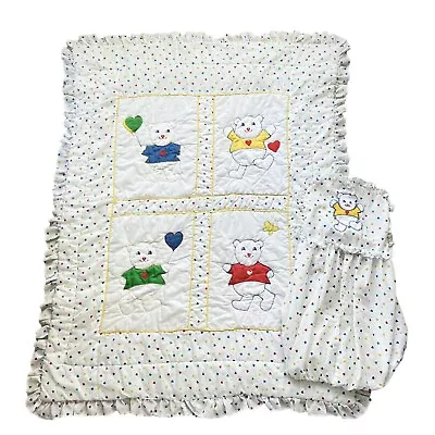 Vtg 80s Lambs & Ivy Crib Quilt And Diaper Holder Set Rainbow Hearts Teddy Bears • $99.99