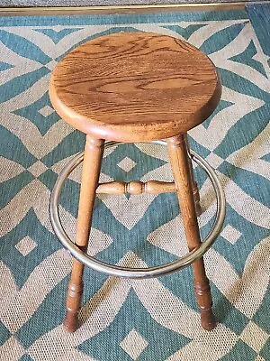 Vintage Oak Wooden Bar Stool With Metal Foot Ring & Swivel Seat RARE! Antique!! • $55