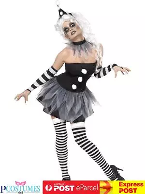 Ladies Sinister Pierrot Circus Clown Jester Halloween Fancy Dress Costume • $47.20