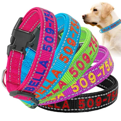 Embroidered Personalised Dog Collar Reflective Nylon With Pet Name Number ID S-L • $14.29