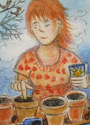 Original ACEO Painting - Garden Whimsy Dibbing  - Pen And Watercolour • £2.50