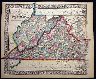 1864 Map Virginia & West Virginia County Map Antique Original Hand Colored • $49.50