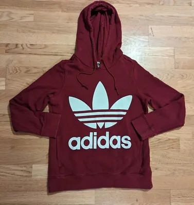 ADIDAS HOODIE JUMPER Retro Burgundy Red Pullover Active Sweater Women Size UK 10 • £8.95