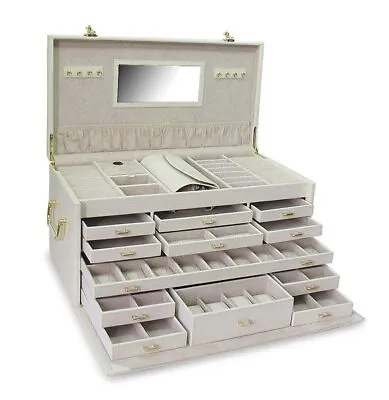 Huge Cream Jewelry Box Lockable Jewelry Organizer Necklace Ring Earring Watch • $599.99