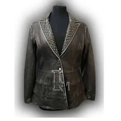 Handmade Women V Cristina Silver Studded Genuine Lambskin Leather Biker Coat • $159.99